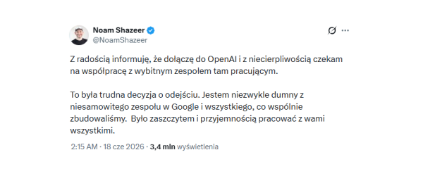Ogromne odejście z Google do OpenAI. Najwybitniejszy talent przechodzi do głównego rywala. 6 Ogromne odejście z Google do OpenAI. Najwybitniejszy talent przechodzi do głównego rywala. 4